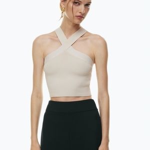 Aritzia Babaton Sculpt Knit Criss Cross Cropped Tank Ribbed Halter Matte Pearl M